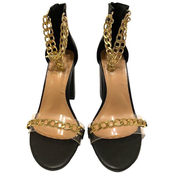 Nicole Miller Women Block Heel Black & Gold Ankle Chain Sandals Size 6 Back Zip - Picture 2 of 10